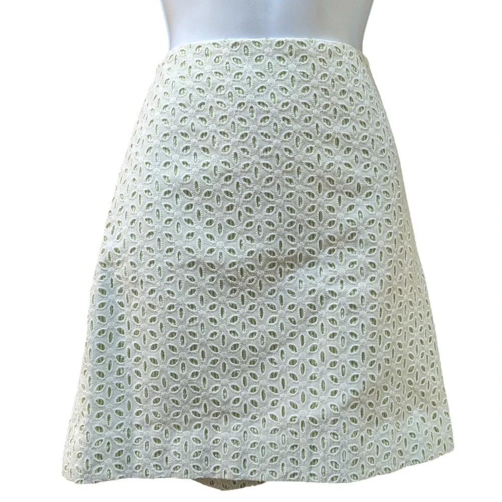 Molly B. White Eyelet Green Striped Lined Skirt Sz 8 Cottagecore Preppy Romantic
